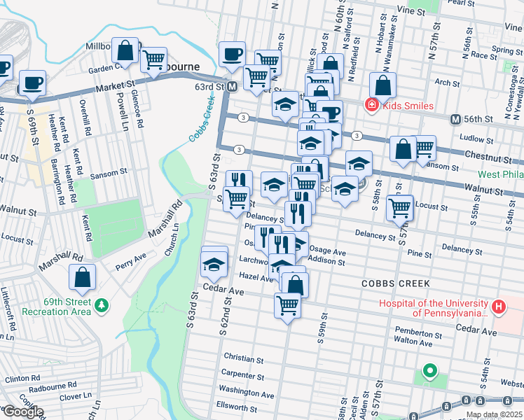 map of restaurants, bars, coffee shops, grocery stores, and more near 6124 Spruce Street in Philadelphia