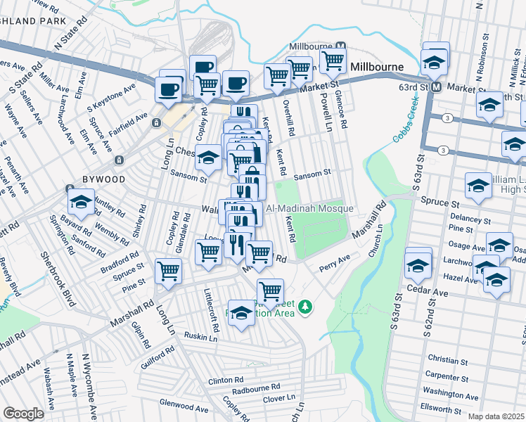 map of restaurants, bars, coffee shops, grocery stores, and more near 142 Heather Road in Delaware County