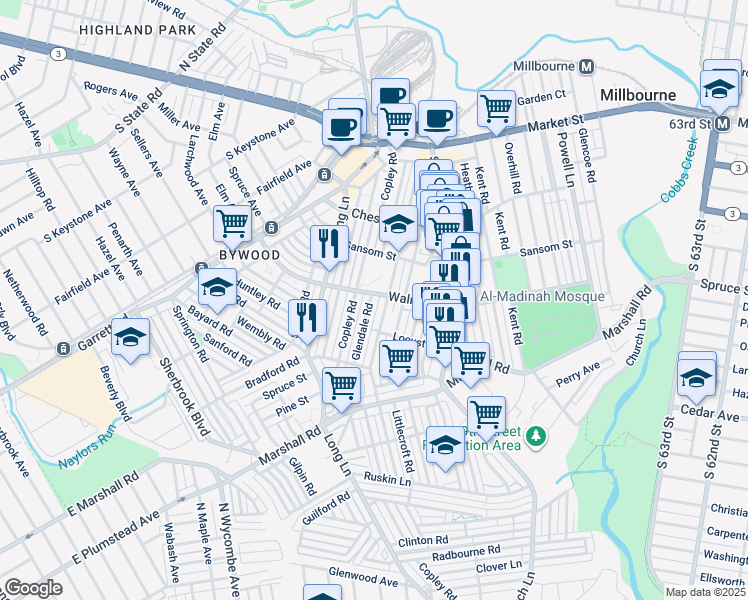 map of restaurants, bars, coffee shops, grocery stores, and more near 150 Hampden Road in Delaware County