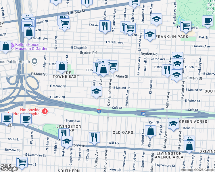 map of restaurants, bars, coffee shops, grocery stores, and more near 418 South Champion Avenue in Columbus