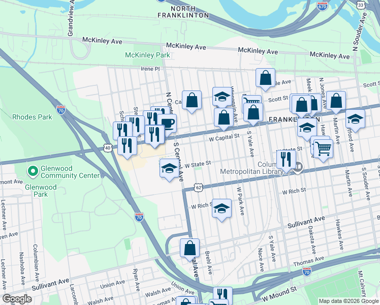 map of restaurants, bars, coffee shops, grocery stores, and more near 45 Brehl Avenue in Columbus