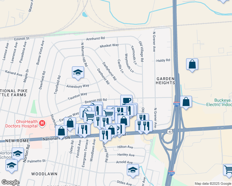 map of restaurants, bars, coffee shops, grocery stores, and more near in Columbus