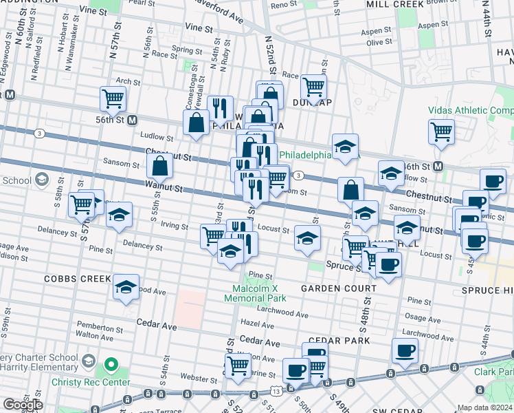 map of restaurants, bars, coffee shops, grocery stores, and more near 205 South 52nd Street in Philadelphia