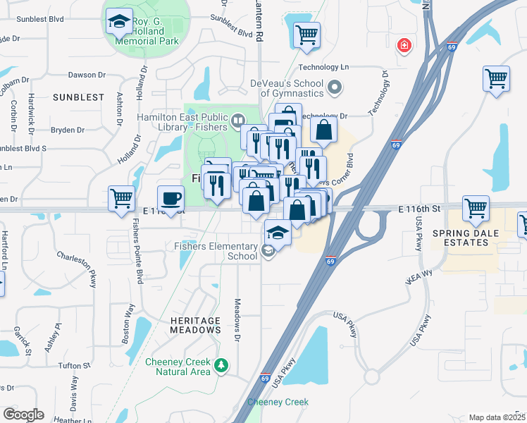 map of restaurants, bars, coffee shops, grocery stores, and more near 8890 East 116th Street in Fishers