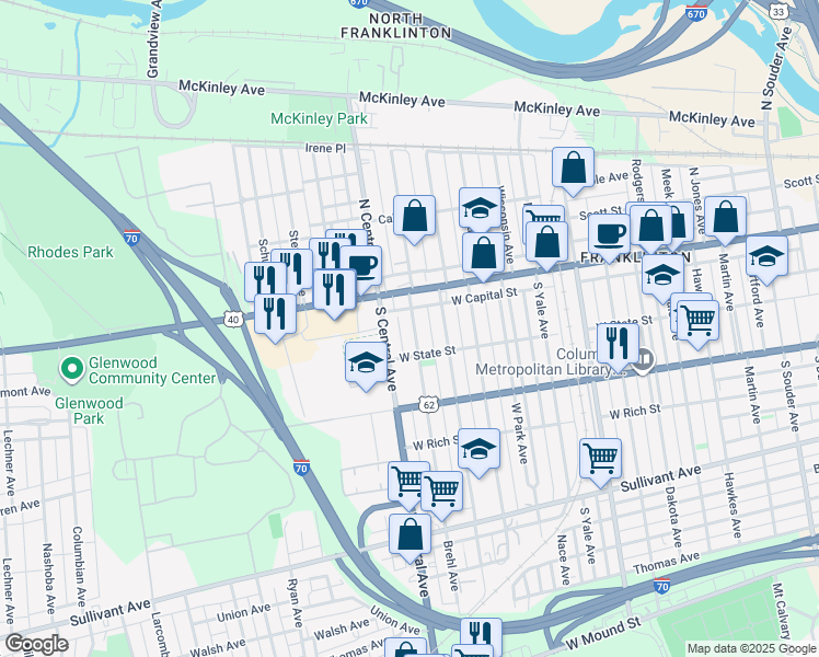 map of restaurants, bars, coffee shops, grocery stores, and more near 45 Brehl Avenue in Columbus