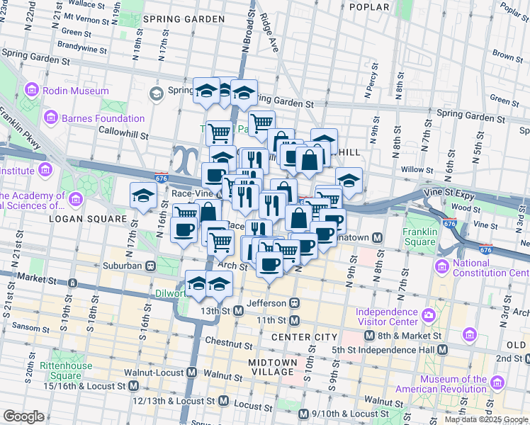 map of restaurants, bars, coffee shops, grocery stores, and more near 228 North Camac Street in Philadelphia