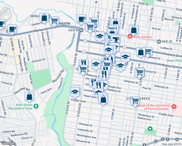 map of restaurants, bars, coffee shops, grocery stores, and more near 6128 Spruce Street in Philadelphia