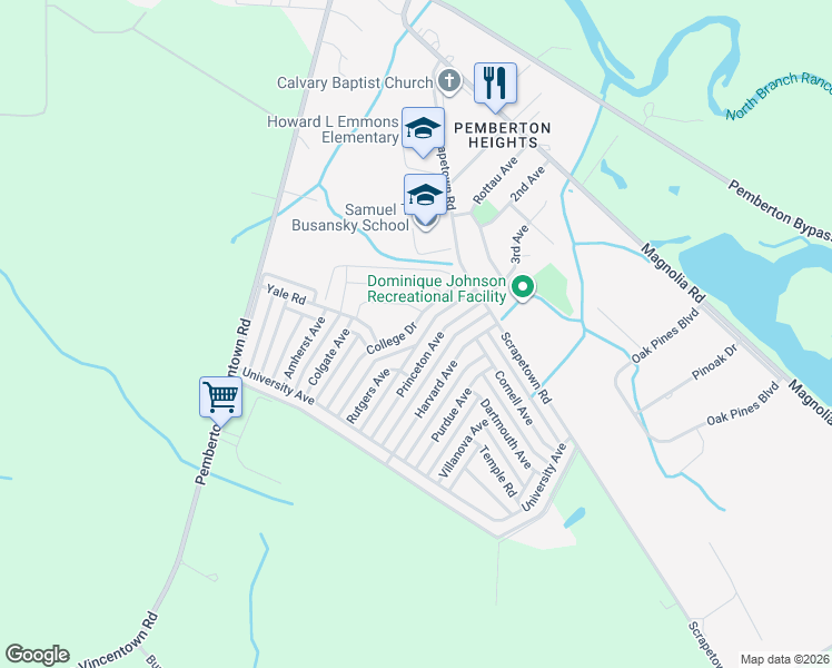 map of restaurants, bars, coffee shops, grocery stores, and more near 218 College Drive in Pemberton