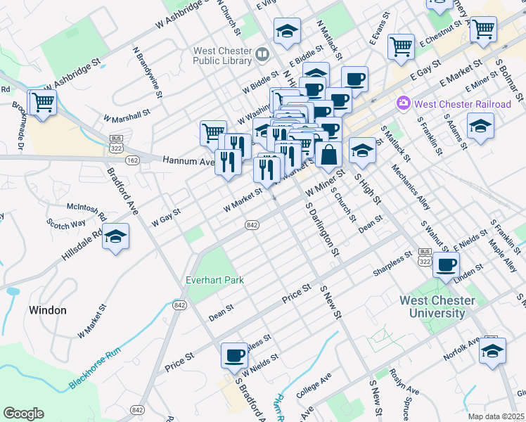 map of restaurants, bars, coffee shops, grocery stores, and more near 319 West Miner Street in West Chester