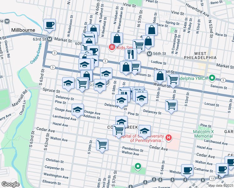 map of restaurants, bars, coffee shops, grocery stores, and more near 264 South Cecil Street in Philadelphia
