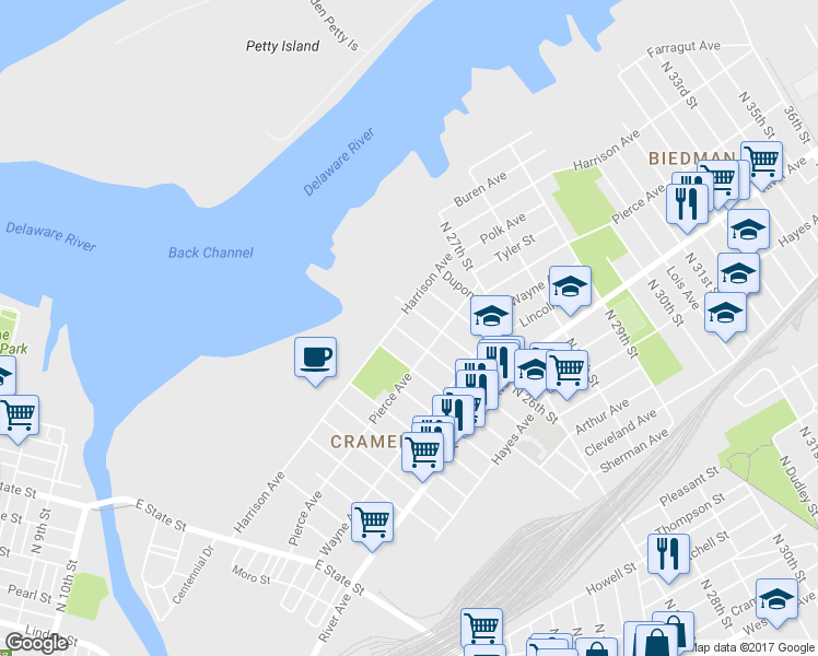 map of restaurants, bars, coffee shops, grocery stores, and more near 1234 North 25th Street in Camden