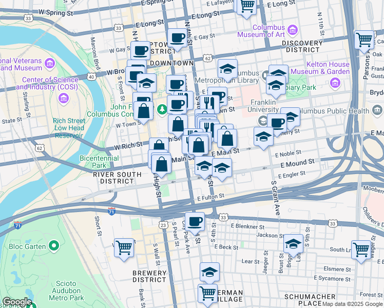 map of restaurants, bars, coffee shops, grocery stores, and more near 264s South 3rd Street in Columbus