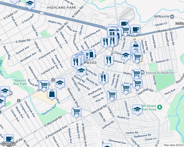map of restaurants, bars, coffee shops, grocery stores, and more near 314 Huntley Road in Upper Darby