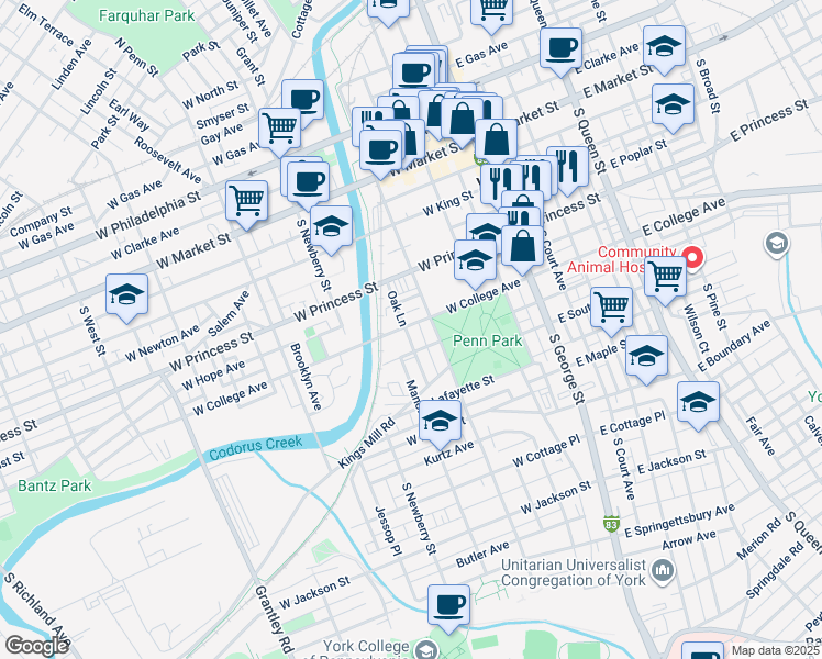 map of restaurants, bars, coffee shops, grocery stores, and more near 224 West College Avenue in York