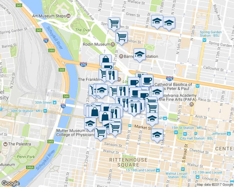 map of restaurants, bars, coffee shops, grocery stores, and more near 2027 Cherry Street in Philadelphia
