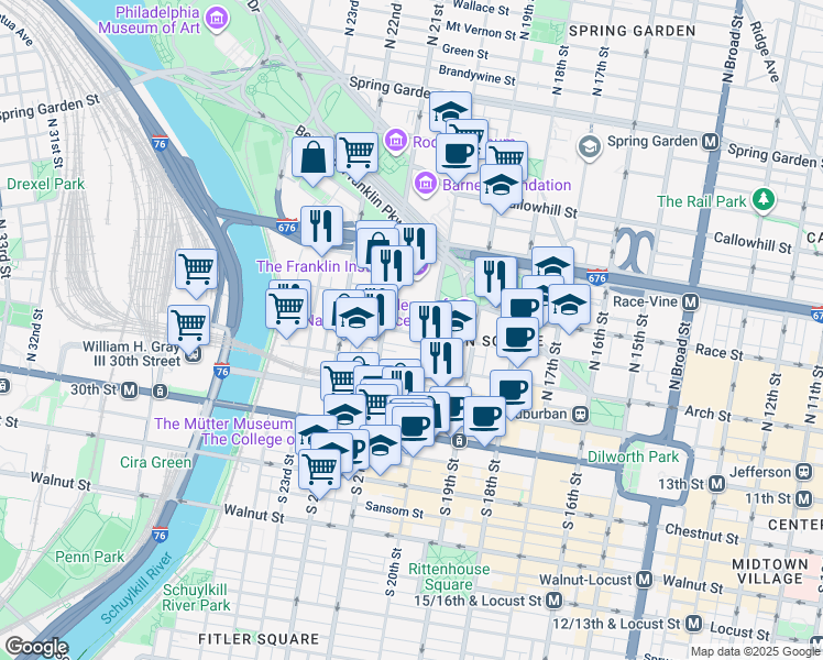 map of restaurants, bars, coffee shops, grocery stores, and more near 2027 Cherry Street in Philadelphia