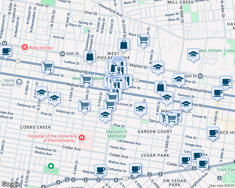map of restaurants, bars, coffee shops, grocery stores, and more near 203 South 52nd Street in Philadelphia