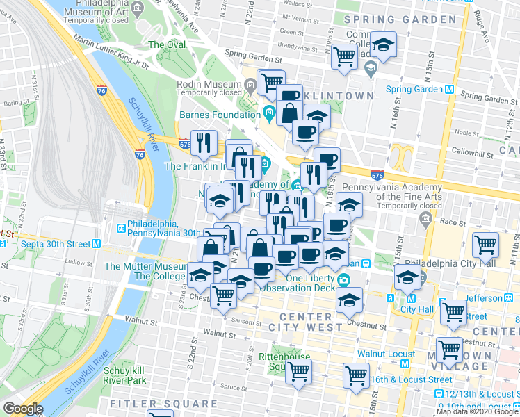map of restaurants, bars, coffee shops, grocery stores, and more near 2029 Cherry Street in Philadelphia