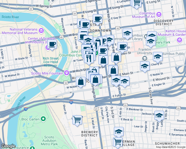 map of restaurants, bars, coffee shops, grocery stores, and more near 250 South High Street in Columbus