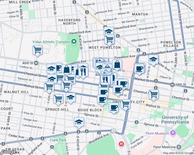 map of restaurants, bars, coffee shops, grocery stores, and more near 4054 Market Street in Philadelphia