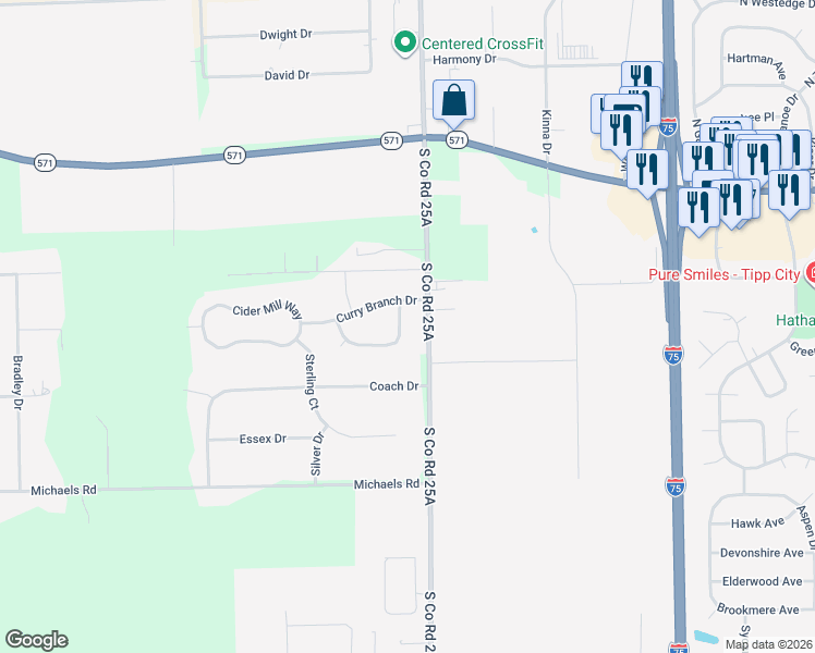 map of restaurants, bars, coffee shops, grocery stores, and more near 408 Clover Hill Drive in Tipp City