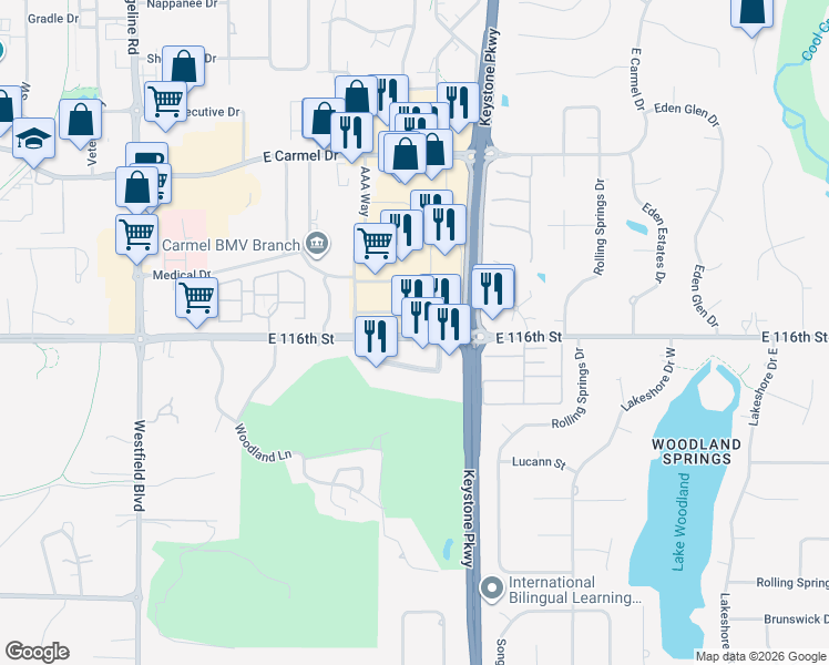 map of restaurants, bars, coffee shops, grocery stores, and more near 2284 East 116th Street in Carmel