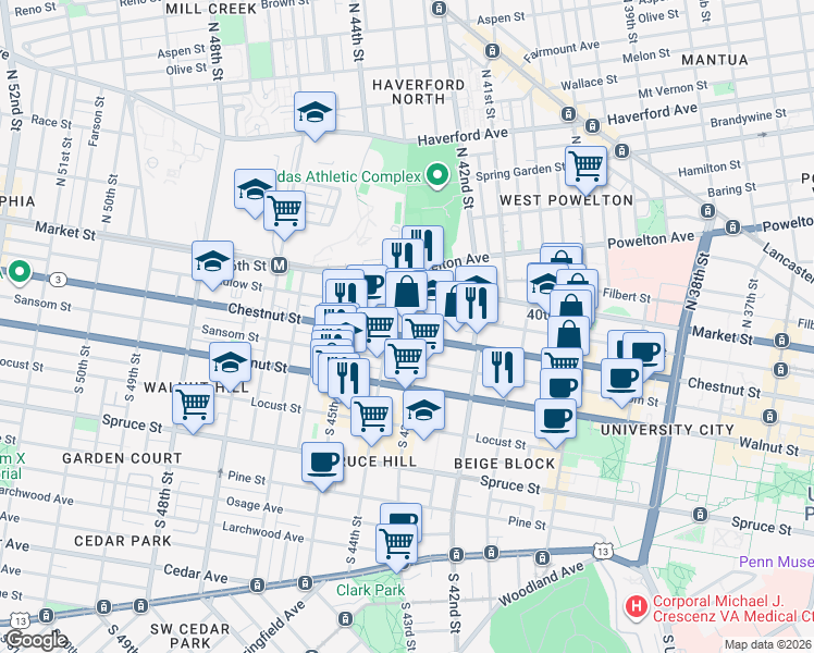 map of restaurants, bars, coffee shops, grocery stores, and more near 4301 Chestnut Street in Philadelphia