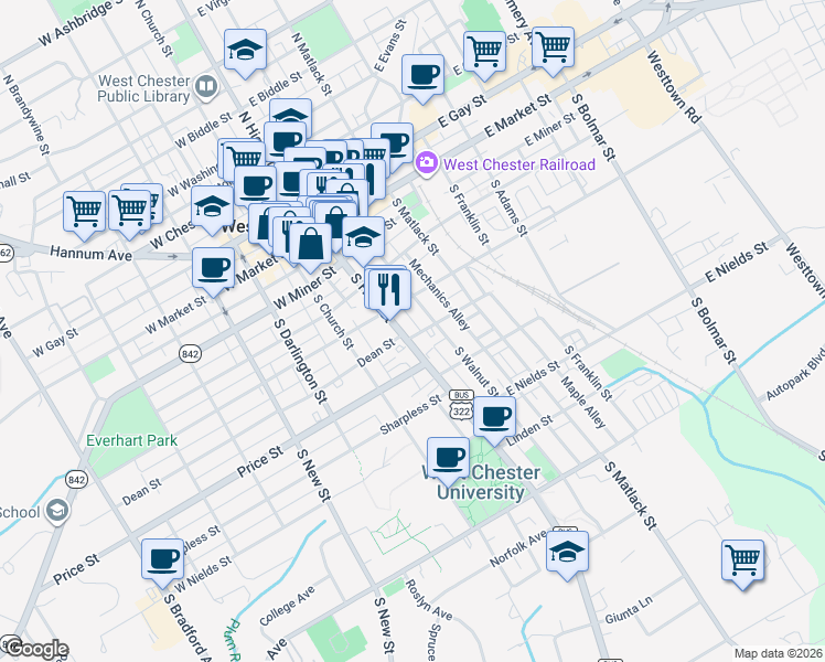 map of restaurants, bars, coffee shops, grocery stores, and more near 312 South High Street in West Chester