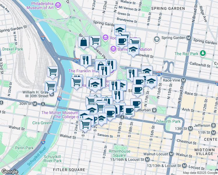map of restaurants, bars, coffee shops, grocery stores, and more near 2029 Cherry Street in Philadelphia