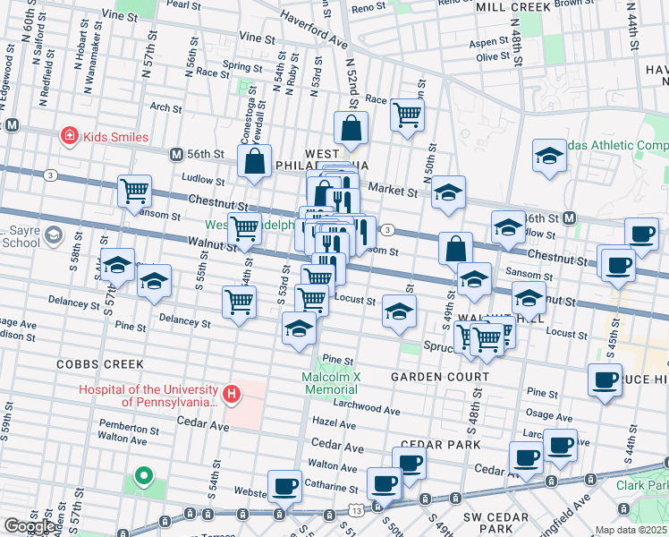 map of restaurants, bars, coffee shops, grocery stores, and more near 203 South 52nd Street in Philadelphia