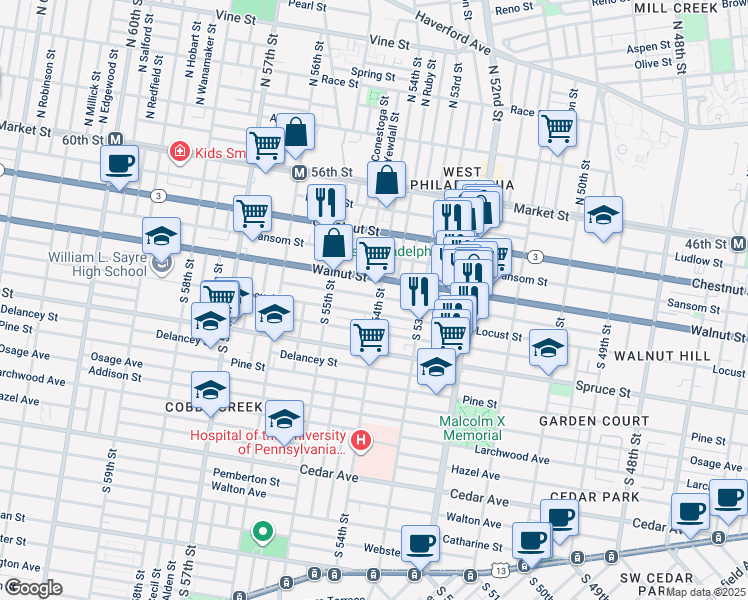 map of restaurants, bars, coffee shops, grocery stores, and more near 218 South 54th Street in Philadelphia