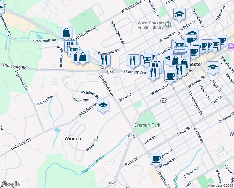 map of restaurants, bars, coffee shops, grocery stores, and more near 618 West Chestnut Street in West Chester