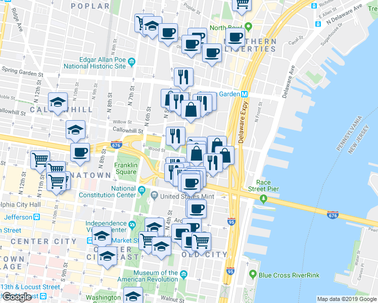map of restaurants, bars, coffee shops, grocery stores, and more near 316 North 3rd Street in Philadelphia