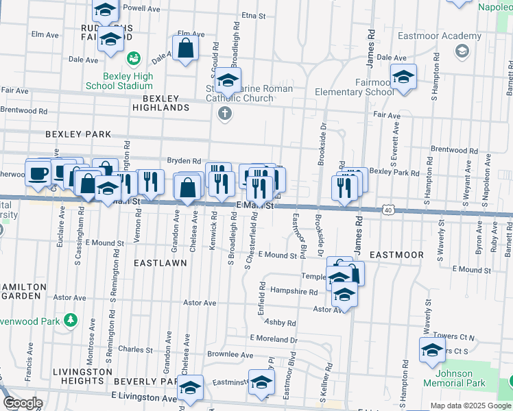 map of restaurants, bars, coffee shops, grocery stores, and more near E Main St & S Chesterfield Rd in Columbus