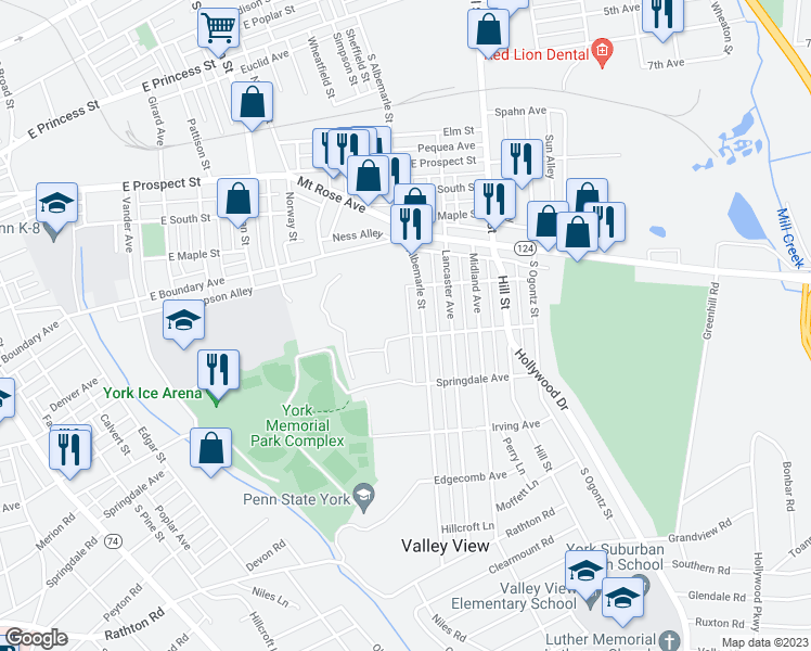 map of restaurants, bars, coffee shops, grocery stores, and more near 1090 East Springettsbury Avenue in York