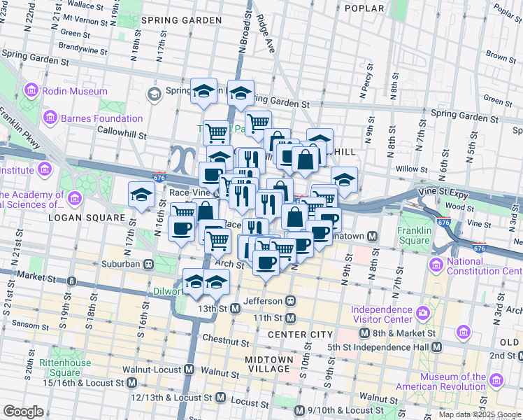 map of restaurants, bars, coffee shops, grocery stores, and more near 230 North Camac Street in Philadelphia