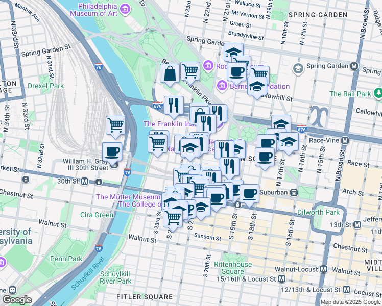 map of restaurants, bars, coffee shops, grocery stores, and more near 2130 Cherry Street in Philadelphia