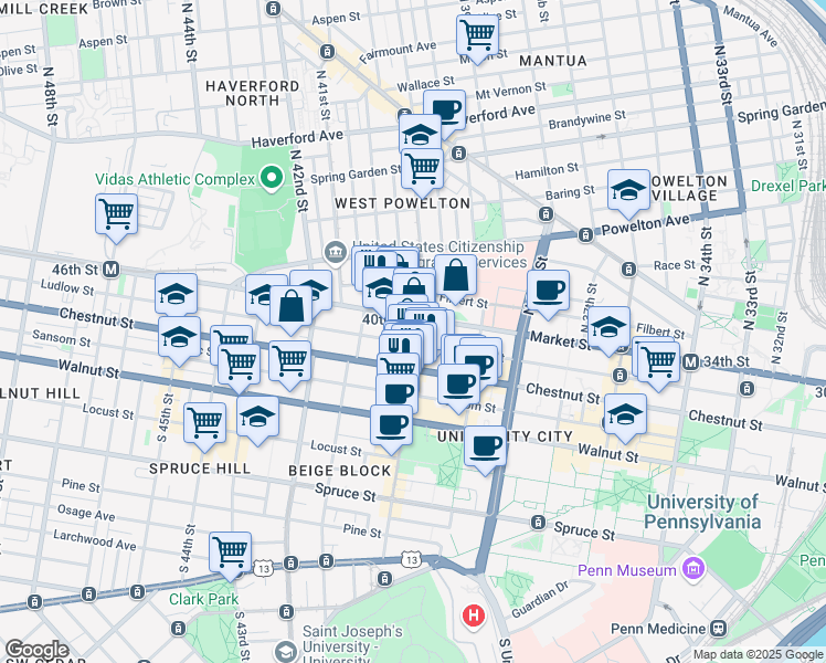 map of restaurants, bars, coffee shops, grocery stores, and more near 16 South 40th Street in Philadelphia