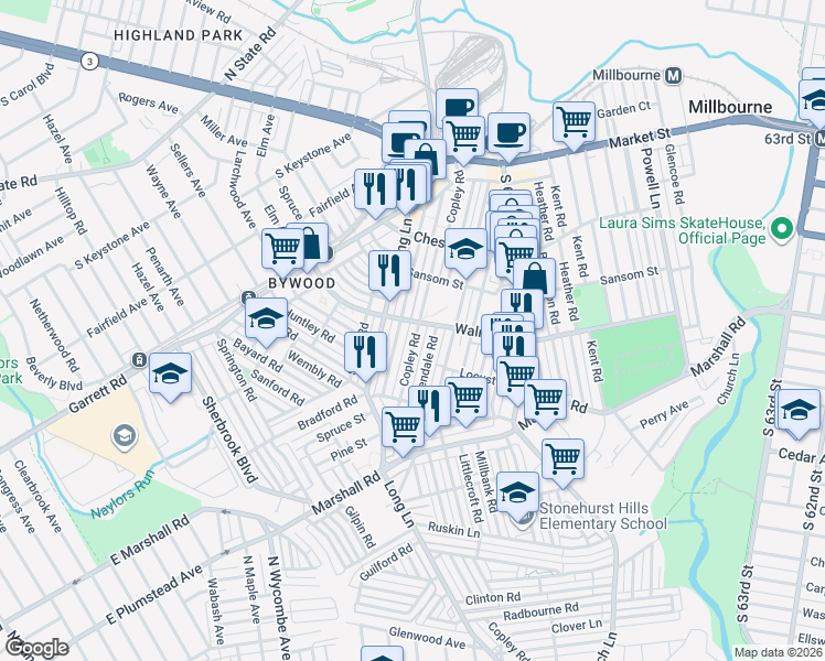 map of restaurants, bars, coffee shops, grocery stores, and more near 340 Wiltshire Road in Delaware County
