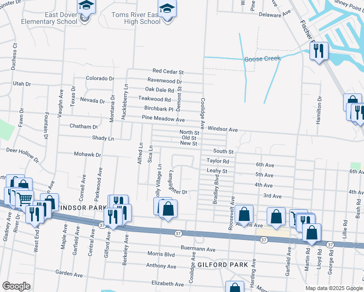 map of restaurants, bars, coffee shops, grocery stores, and more near 1970 New Street in Toms River