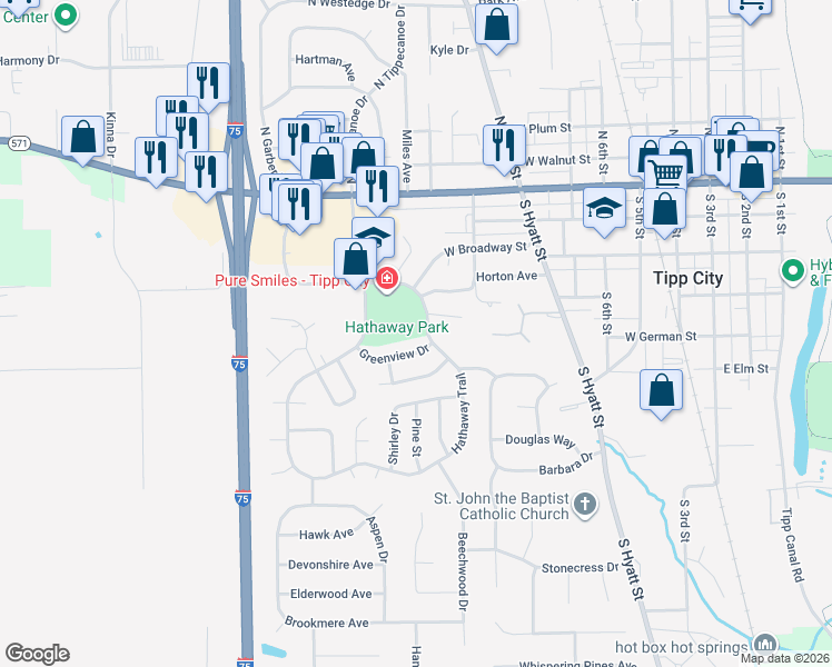 map of restaurants, bars, coffee shops, grocery stores, and more near 421 Hathaway Trail in Tipp City