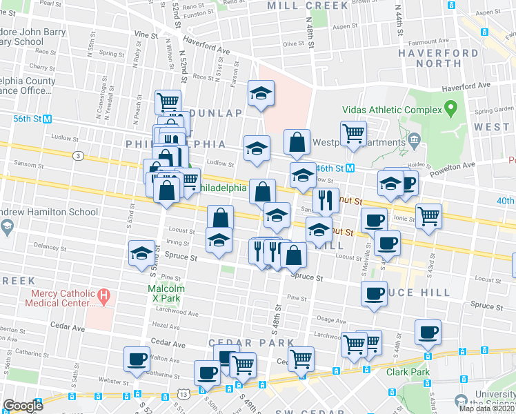 map of restaurants, bars, coffee shops, grocery stores, and more near 126 South 49th Street in Philadelphia