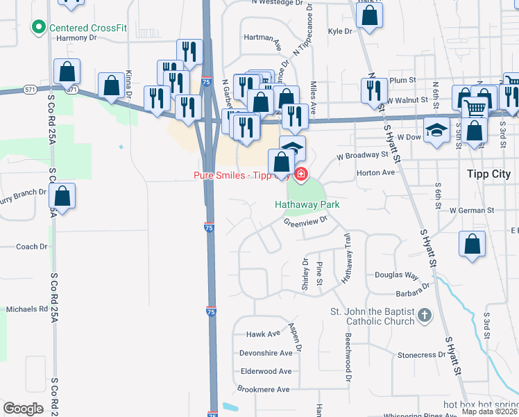map of restaurants, bars, coffee shops, grocery stores, and more near 818 North Willow Glen Avenue in Tipp City