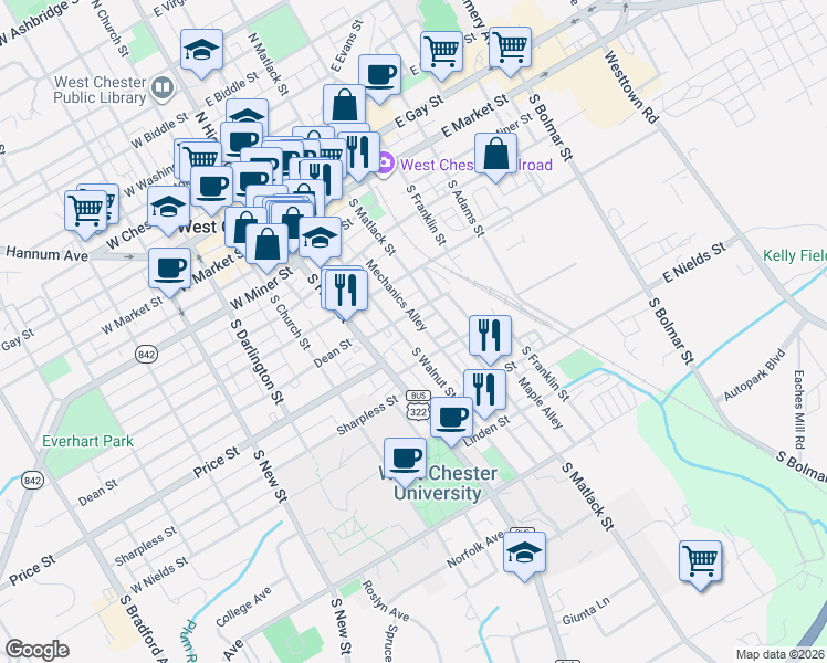 map of restaurants, bars, coffee shops, grocery stores, and more near 411 South Walnut Street in West Chester