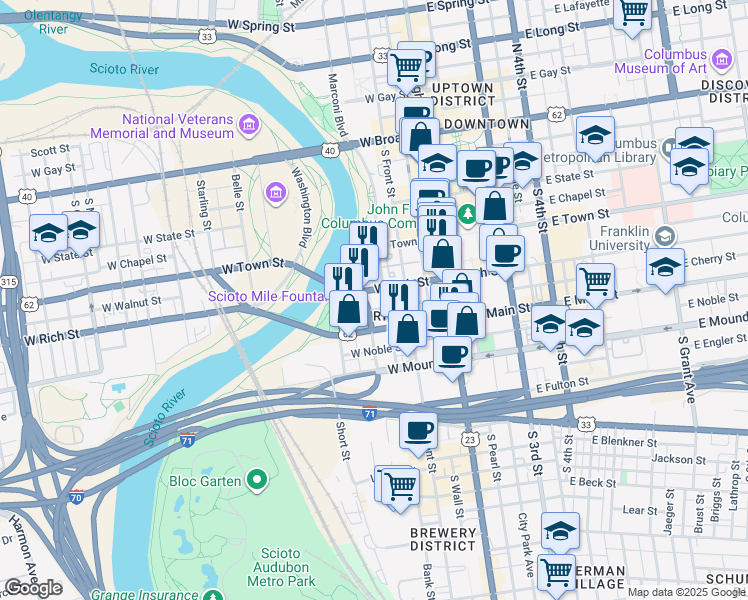 map of restaurants, bars, coffee shops, grocery stores, and more near in Columbus