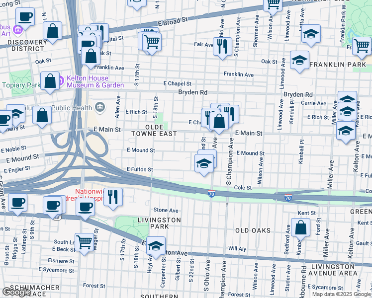 map of restaurants, bars, coffee shops, grocery stores, and more near 962 East Mound Street in Columbus
