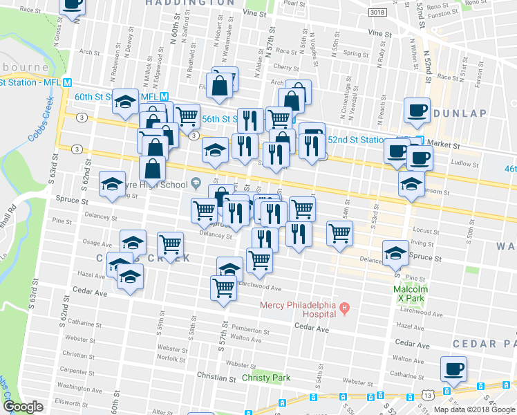 map of restaurants, bars, coffee shops, grocery stores, and more near 253 South Frazier Street in Philadelphia