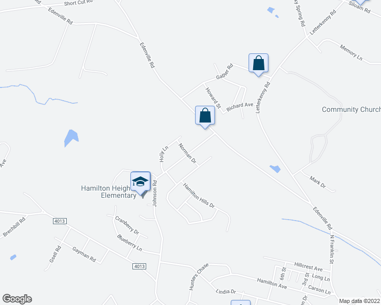 map of restaurants, bars, coffee shops, grocery stores, and more near 1855 Johnson Road in Chambersburg