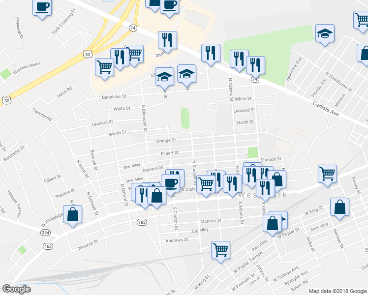 map of restaurants, bars, coffee shops, grocery stores, and more near 1723 Filbert Street in York