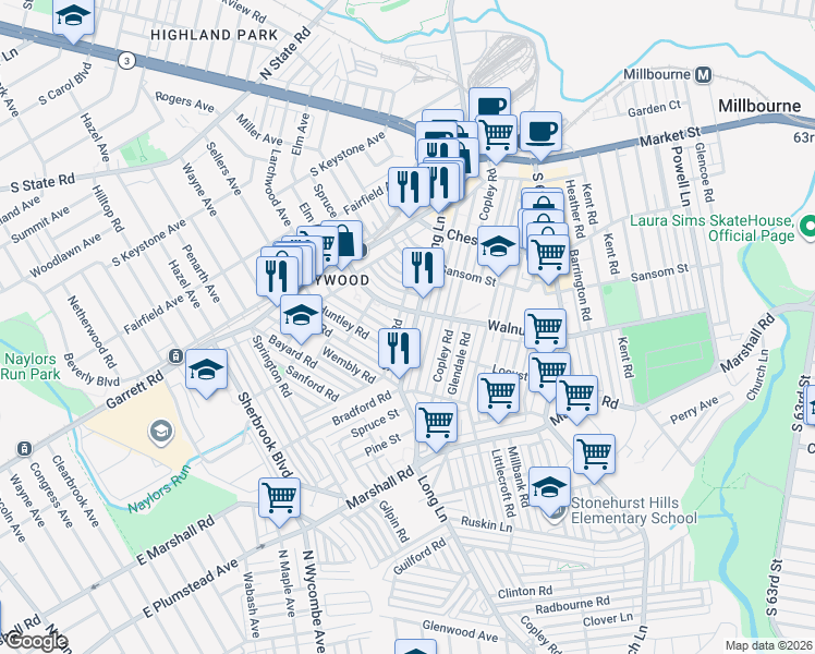 map of restaurants, bars, coffee shops, grocery stores, and more near 202 Long Lane in Delaware County